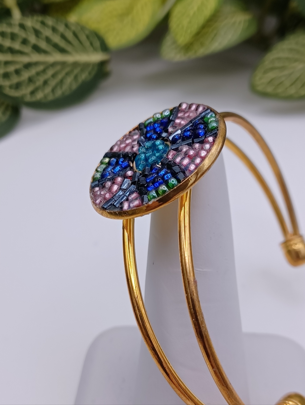 Bead Mosaic Floral Gold-Tone Cuff Bracelet